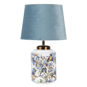 Clayre & Eef Tischlampe Blau Weiß mit Vogel – Keramik & Samt