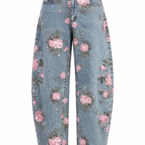 Ballonjeans Damen mit Rosen-Print – High Waist Barrel Jeans in Hellblau