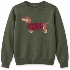 Olivgrüner Damen Strickpullover mit eingestricktem Dackel mit Herzbrille und Herzchen-Pullover