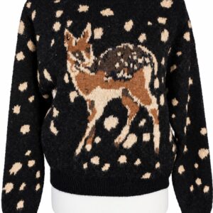 Rehkitz Pullover in Schwarz mit eingestricktem Reh und beigen Tupfen, Vorderansicht