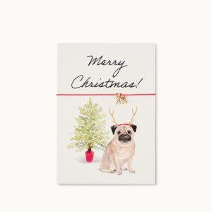 Weihnachtskarte Mops mit vergoldetem Anhänger am roten Band